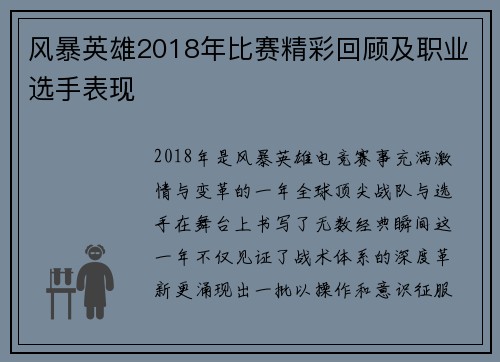 风暴英雄2018年比赛精彩回顾及职业选手表现